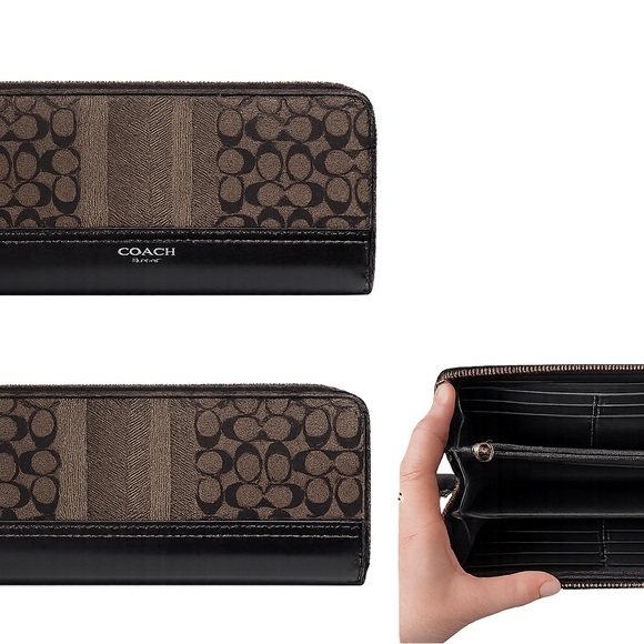 Coach Handbags - Coach Signature Stripe Zip Around Wallet Black Brown Canvas
